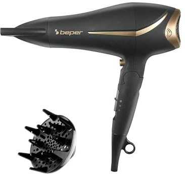 BEPER 40.404 Hair Dryer 2200 Watt, Soft Touch Folding Handle, Diffuser and Concentrator, Black/Gold