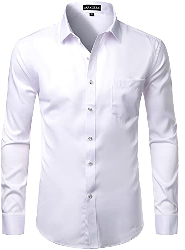 PARKLEES Men's Slim Fit Formal Long Sleeve Casual Business Party Dress Shirts with Chest Pocket White M