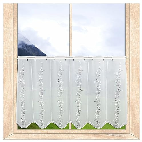 atelier alles-Spitze Stickerei-Scheibengardine Luna Weiß-Taupe HxB 55x80 cm | Moderne Bistrogardine mit Fantasie-Ranken | Voile 100% Polyester | Elegante Kurzgardine für jeden Raum