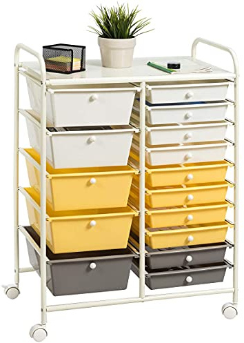 RELAX4LIFE Carrello Portaoggetti con 15 Cassetti, Cassettiera Alta con 4 Ruote Universali, Armadietto Mobile e Salvaspazio di Grande Capacità, Multiuso per Cucina, Bagno e Ufficio (Giallo)