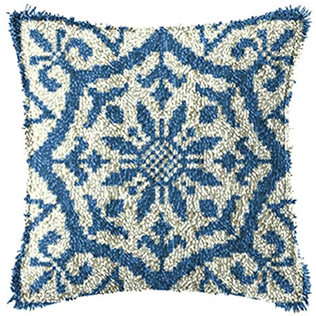 WYOUTDOOR Latch Hook Kit Pillow for Adults And Beginners Cushion Cover Pillowcase Embroidery Kit Embroidery with Blue And White Printed Canvas,43×43Cm