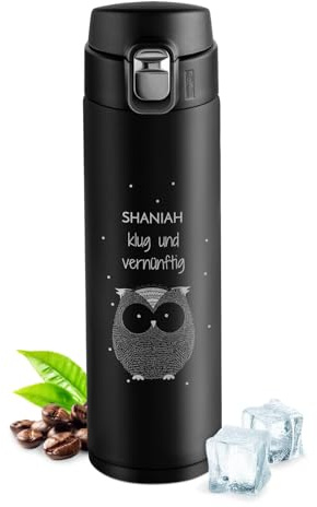 Maverton Thermobecher Kaffeebecher mit Gravur 400 ml - Trinkflasche Edelstahl - auslaufsicher - 100% dicht - Easy-Clean-Deckel - für Frauen zum Geburtstag - schwarz - Eule