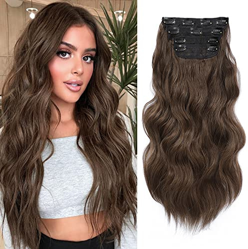Hair Extensions Clip in 4PCS Medium Brown 20Inch Hair Extension Long Wavy Full Head Clip in Hair Extension Synthetic Fiber Hair Pieces for Women