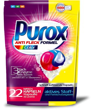PUROX COLOR Detersivo Lavatrice Capsule (22 Lavaggi) – Per capi colorati, rimuove le macchie, ecologico, risciacquo completo, protezione anticalcare, doypack