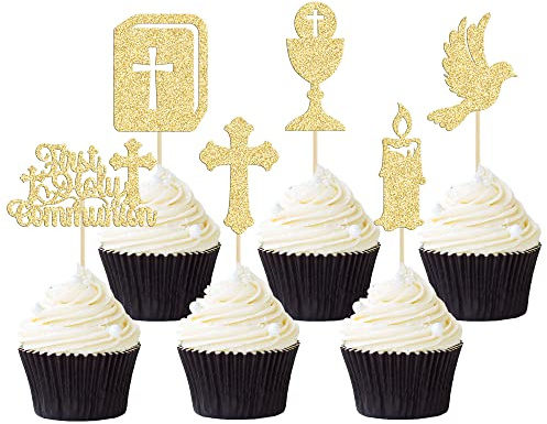 Gyufise 24 adornos para cupcakes de primera comunión con purpurina, paloma de cruz de Dios bendiga para cupcakes, suministros de fiesta de cumpleaños, color dorado