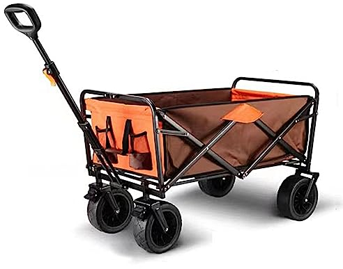 WYJRO Bollerwagen Faltbar 100L,Garten Handwagen Faltbar Breite Reifen Transportwagen Mit Seitentasche Getränkehalter Verstellbarem Griff,Bis 100 Kg Tragkraft,Orange,10 Wheels