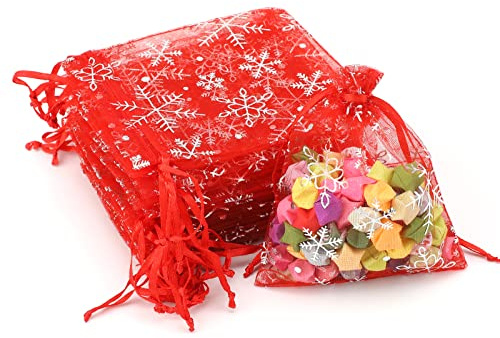 jijAcraft Organzasäckchen Weihnachten Rot, Weihnachten Organza Beutel 9 x 12CM, 50 Stück Schneeflocke Organza Beutelchen mit Kordelzug, Bonbons Geschenk Schmuckbeutel