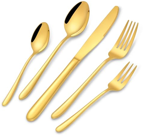 HONKKU 30 Teilig Gold Besteck Set, Edelstahl Besteckset für 6 Personen, Essbesteck Set mit Abendessen Messer, Gabeln und Löffeln für Zuhause/Restaurant/Party/Bankett, Rostfrei Spülmaschinenfest