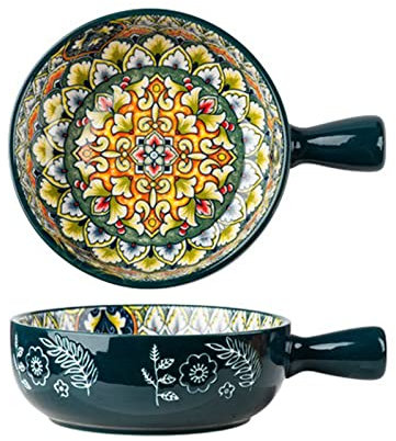 Ramen bowl,salad bowl,fruit bowl,ramen bowl,large serving bowls,600ml/20 Ounce Ceramic Baking Dish,Large Pie Plate with Handle Set of 2,Bohemian Style Bowls Microwave Safe Bowls-red-15cm ( Color : Grü