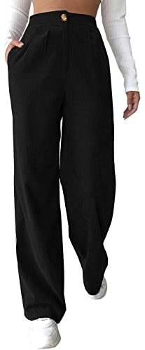 Vuncio Pantalon Femme Droit Velours Côtelé Pantalon Femme Chic Et Elegant Fluide Large Pantalon Femme Hiver Grande Taille Ample Pas Cher Pantalon Femme Habillé Stylé Jogging Casual (Noir, M)