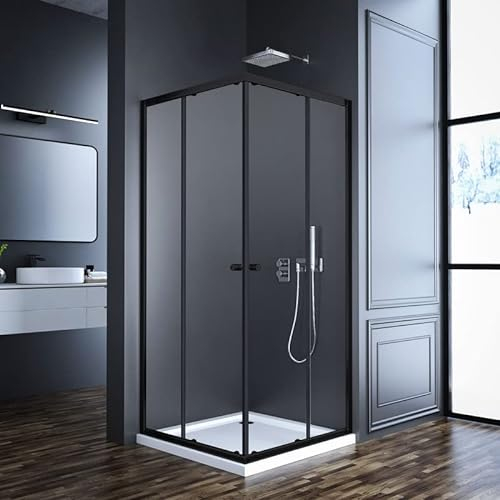 Duschkabine Eckeinstieg mit Doppel schiebetür Schwarz 100x100x185cm, Schiebetüren Duschabtrennung Duschwand 6mm ESG gehärtetes Glas, Dusche Duschtür Höhe 185 cm