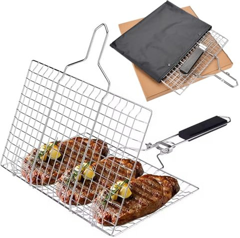 Grillkorb Barbecue Edelstahl Klappbar Grillzubehör mit Abnehmbarem Griff Edelstahl Barbecue Kochkorb für Outdoor Camping BBQ