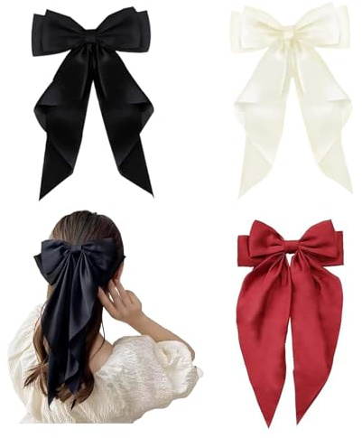 JEKUGOT Big Bow Hair Clips, 3Pcs Solid Color Barrettes, Soft Long Tail Ribbon Hair Clip, Bow Hair Clips For Women Girls (Black, White, Red)