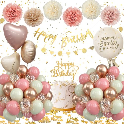 Birthday Decoration for Women, Retro Pink Balloons Party Decorations with Happy Birthday Decorations Banner Foil Balloon,Paper Pom-Poms for Women