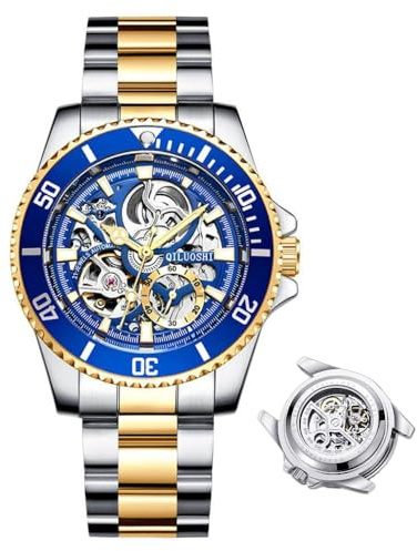 DAXIAOYU herrklocka helautomatisk mekanisk klocka ihåligt mode vattentät student manlig klocka vatten spöke serie Tourbillon klocka, Guld blått, Lyx