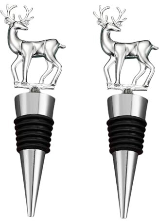 2er Weinflaschenverschluss, Elch Weinverschluss Wiederverwendbare Flaschenverschluss Ren Wein Stopfen für Wein Champagner Prosecco Bier Saver Sealer, Geschenke für Weihnachten Hochzeit (Silber)