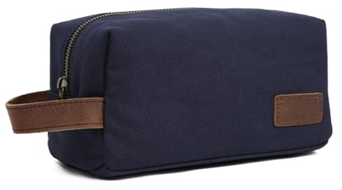 Vmokki Elegante Kulturtasche aus Canvas Echtleder Herren Damen Reise Urlaub Kulturbeutel Vintage Waschtasche Klein Leicht (Blau)