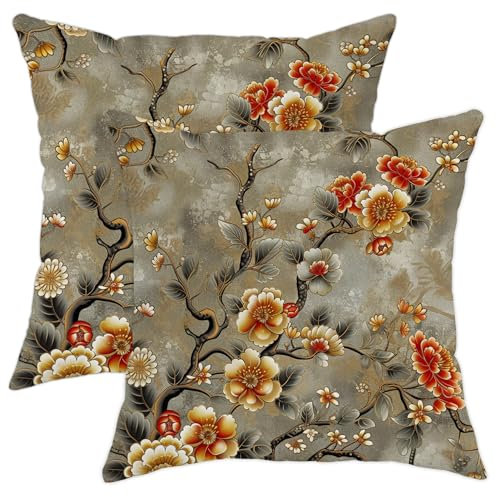 Juego de 2 fundas de almohada de primavera, color verde salvia, con diseño de flores de crisantemo, ramas de árbol, fundas de cojín cuadradas decorativas para el hogar, sofá, cama, sofá, 18 x 18