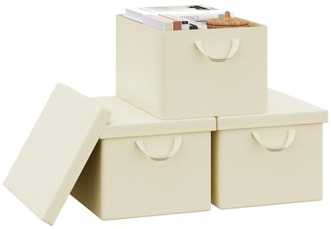 WOLTU Aufbewahrungsbox mit Deckel 3 Stück, mit Griffen, Creme,43x33x26 cm | aus Polyesterstoff, für Schlafzimmer, Arbeitszimmer, Wohnzimmer, Organizer Box mit Griffen, faltbar,
