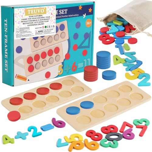 TEUVO Wooden Counting Peg Board for Children, Montessori Counting Toys Number Blocks for Addition & Subtraction, Home Classroom Educational Maths Games for 3 4 5 6 Years Old Boys Girls