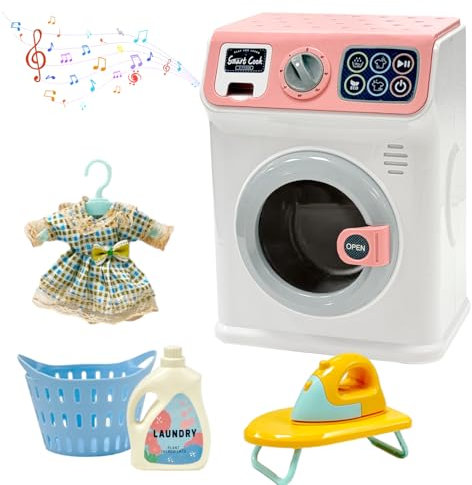 BAYMI Waschmaschine Kinder - Elektronische Kleine Waschmaschine mit Rotierender Trommel und Realistischen Geräuschen, Spielzeug für Kinder ab 3 Jahren (Rosa)