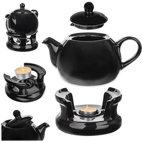 KADAX Teekanne 1L mit Stövchen Set, Kaffeekanne aus Porzellan mit Deckel, Griff und Teestövchen, Kanne mit Teelicht Wärmer für Tee, Teeservice (Schwarz)