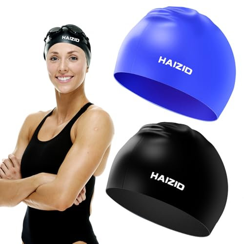 2er Set Badekappen für Erwachsene, Wasserdicht und rutschfest, Silikon Schwimmkappen mit Ohrenschutz, Unisex, für Lange, Kurze,Dicke oder Lockige Haare, Hält Haare Trocken universal-schwimmkappe