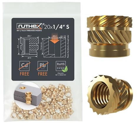ruthex Gewindeeinsatz 1/4 Zoll SHORT UNC - 20 Stk. RX-1/4“-20x6.4 BLEIFREIE Gewindebuchse aus Messing - stabile Kameragewinde - zum Einschmelzen einer Gewindehülse in 3D-Druckteile aus Kunststoff