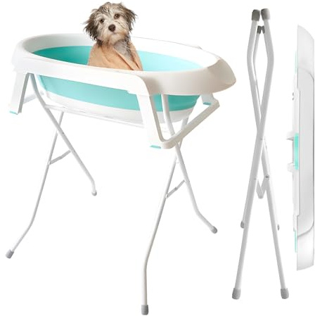 2 in 1 Dog Bath Tub, Elevated Foldable Portable Pet Washing Station, Collapsible Bathtub for Small Dogs Cats, Adjustable Grooming Bathtub for Indoor and Outdoor Use, Space-Saving Pet Shower Tub Blue