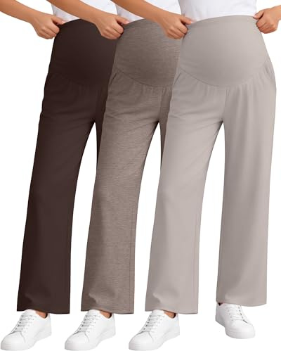 Sweetyweee 3 Pack Women's Maternity Pants Loose Wide Leg Pregnancy Sweatpants Over the Belly Lounge Pants Pajama with Pockets(Dark Brown, Light Coffee, Gray Apricot,Medium)