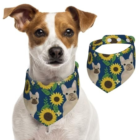 Französische Bulldogge Sonnenblumen, Hundehalstücher, Baumwoll-Haustierschal, verstellbare Lätzchen für Haustiere,L