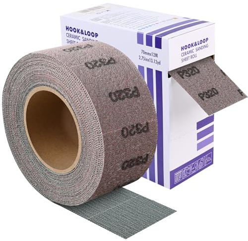 Shineboc P320 Rouleau de Papier Poncer de Filet, 70mmx12m Papier Abrasif | Corindon Zircone, Auto-Adhésif, Anti-Colmatage, Prédécoupé, Thermorésistant, Multi-Matériaux, Enlèvement Rapide