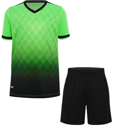 Sinleey Set träningsoverall sommar pojkar barn kortärmad t-shirt tröja med korta byxor joggingdräkt fotboll, A fluorescerande grön, 146-152