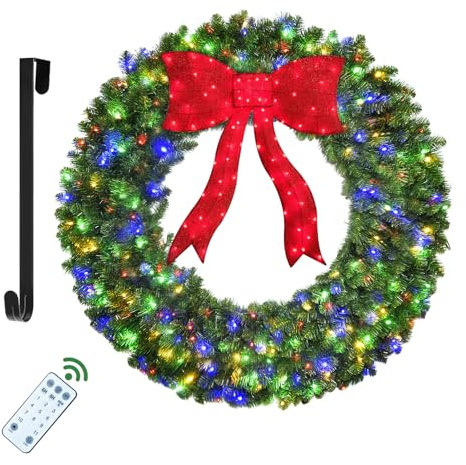 HOYECHI 48in Pre-Lit Christmas Wreath with Bow – 270 Colorful LED Lights, 700 PVC Tips, Timer, Remote & Hook, Large Outdoor Holiday Decor for Front Door, Wall, Garage, Power Plug-in