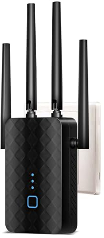 WLAN Verstärker WLAN Repeater 1200Mbit/s Dualband WiFi Booster 5GHz+2.4GHz Gigabit LAN AP Modus WPS Kompatibel Alexa Router WiFi Extender Signal Verstärkung 4 Antennen Access Ethernet WAN (Schwarz)