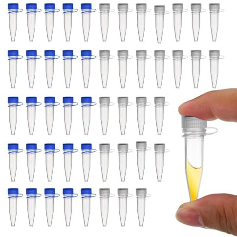 50 Stück Probenröhrchen 1.5ml, Zentrifugenröhrchen mit Schraubverschluss, Reagenzglas Kunststoff, Globuli Röhrchen Leer für Laborbiologie, Blau, transparent, leicht zu unterscheiden
