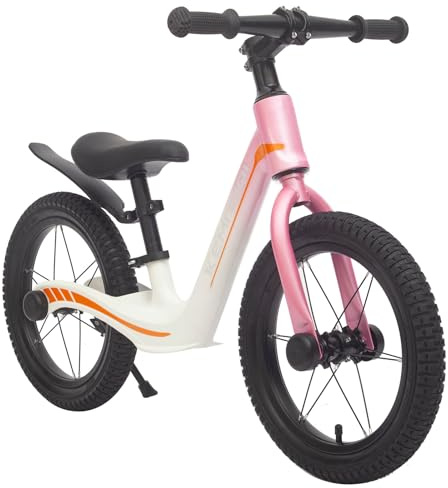 GASLIKE 14 Zoll Laufrad für Kinder 3–7 Jahre, mit blinkenden Radnaben, Magnesium Rahmen, Höhenverstellbarer Sitz, Robustes Kinderfahrrad ohne Pedale für Jungen und Mädchen (Rosa-Weiß)