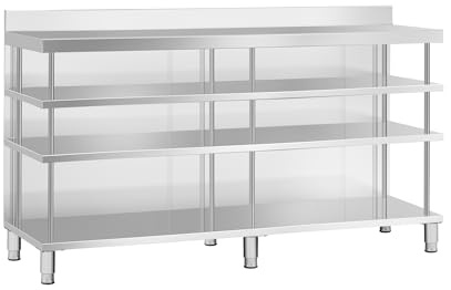 Royal Catering Bar-Arbeitstisch aus Edelstahl 200 x 60 cm 4 Ablagen Aufkantung 450 kg Traglast Steharbeitstisch mit Rückwand Edelstahltheke Tresen