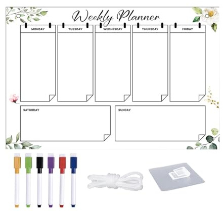 Wochenplaner, Acryltafel für die Wand, inkl. 6 Farbmarkern, selbstklebender Haken, 80 cm, weißes Umhängeband, transparent, zum Aufhängen, löschbar, Kalender, Planungstafel für Kühlschrank, Glaswand