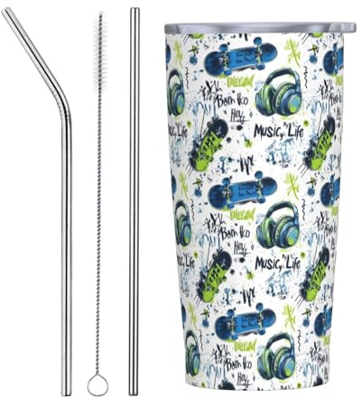 Vaso aislado de acero inoxidable con tapa y popote, con estampado de graffiti y monopatín musical, vasos de acero inoxidable, taza de café personalizada, botella de agua