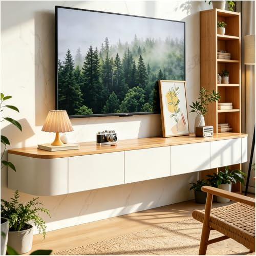 TV Board Hängend, Hängeschrank Wohnwan, Fernsehtisch, Stehend/Hängend, Hängeboard Schwebend, Moderner Fernsehtisch Mit Stauraum, TV Tisch Für Wohnzimmer Und Esszimmer Aus Massivholz (Natural, 280cm)