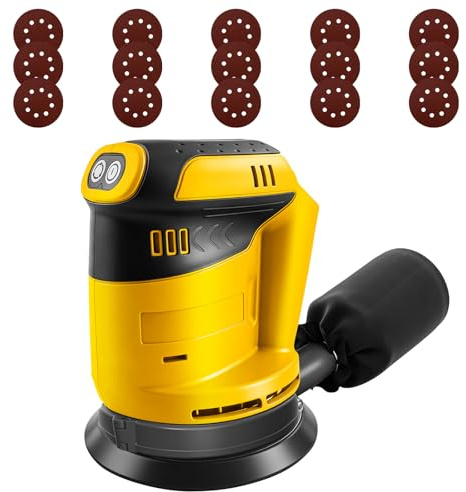 Roadtime Levigatrice orbitale per batteria DeWalt da 20 V (senza batteria), smerigliatrice da 125 mm, 20,000 giri/min, 3 velocità con contenitore di raccolta della polvere e 20 carta vetrata, per