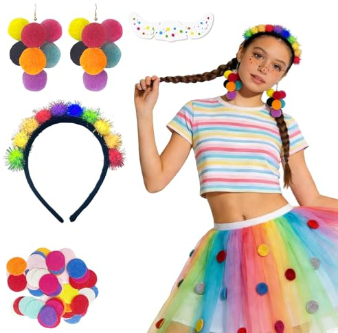Jpvtlqu Konfetti Kostüm Damen, 4-teilig Konfetti Kostüm Accessoires mit Konfetti Haarreif,Pompons zum Basteln,Ohrringe,Gesichtssticker für Fasching oder Kölner Karneval