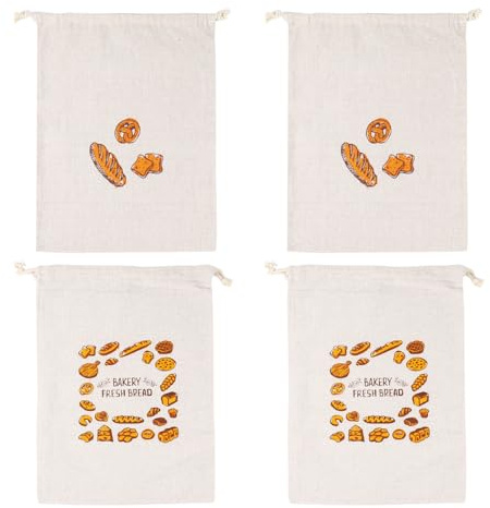 Juego de 4 Bolsas de Tela Reutilizables para Pan (31x38 cm) – Algodón Natural para una Frescura Prolongada – Bolsas con Cordón para Baguettes, Barras de Pan, Pasteles y Almacenamiento de Coc