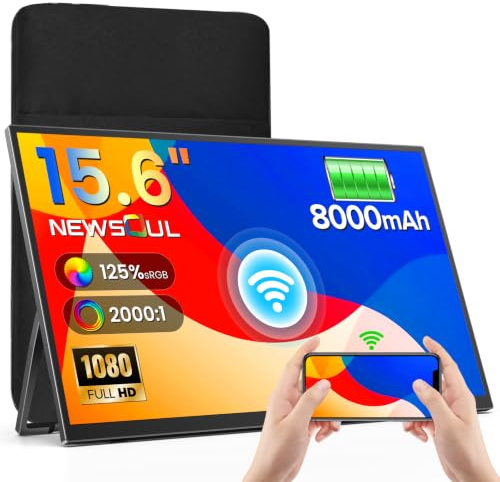 Newsoul Ecran Portable sans Fil avec Batterie 8000mAh, 15.6 Wireless Moniteur Portable 1080P IPS 125% sRGB, External Monitor avec Mini HDMI/USB-C pour Laptop/PC/Phone- AirPlay/Miracast