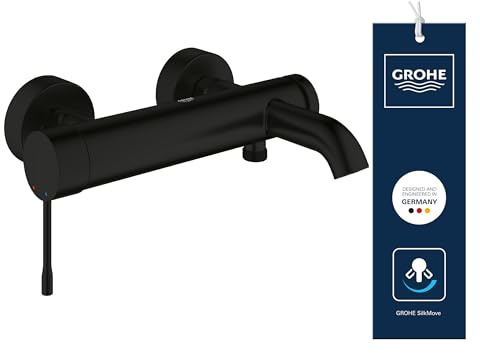 GROHE Essence, Badewannenarmatur (Duscharmatur für die Badewanne, Mischbatterie mit automatischer Umstellung Wanne/Brause, mit integriertem Rücklaufventil, S-Anschlüsse), mattschwarz, 336242431