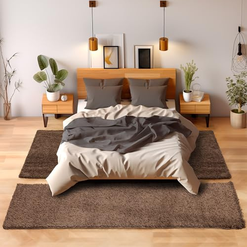Unbekannt Shaggy Hochflor Teppich Carpet 3TLG Bettumrandung Läufer Set Schlafzimmer Flur, Farbe:Braun, Bettset:2x60x110+1x80x250