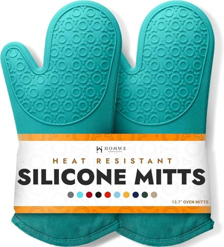 BPA-Free Soft Silicone Oven Mitts - Ultra Heat Resistant Oven Mitts with Thick Cotton Liner - Long Slip Resistant Pot Holders, Flexible Oven Gloves - Turquoise 13.7