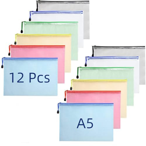 Dokumententasche A5-12 Stück Reißverschlusstasche Kunststoff Zip Beutel Mesh Dokumententasche din A5 mit Reißverschluss für Büros Schulreise Zubehör