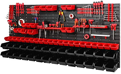 Scaffale da officina, 1728 x 780 mm, con 40 supporti per attrezzi e 64 contenitori impilabili, pannelli da parete